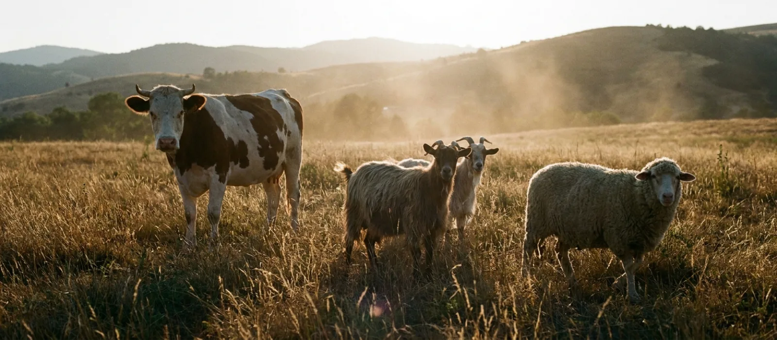 A cow, goats, and sheep together in a pasture at golden hour