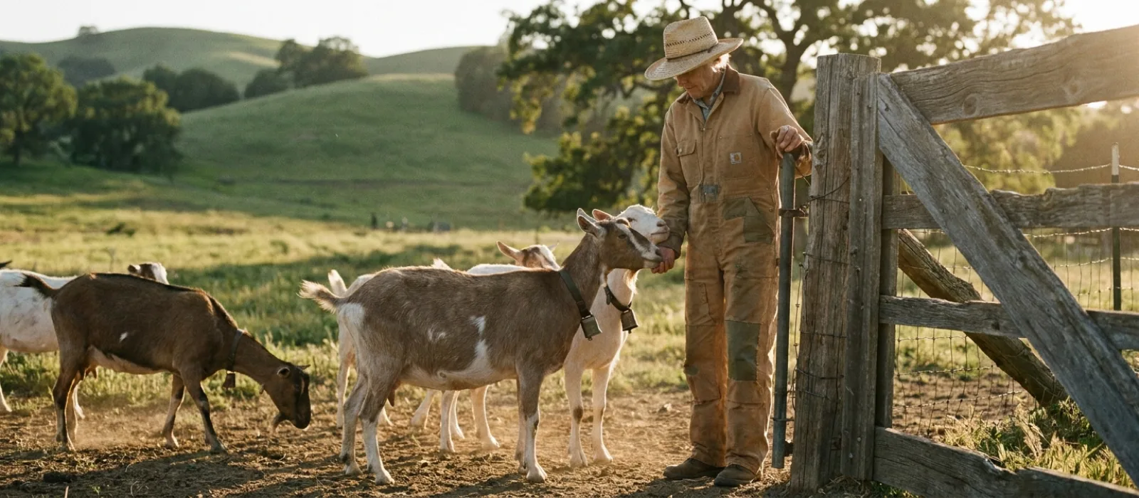 A goat breeder with dairy goats at a pasture gate at golden hour