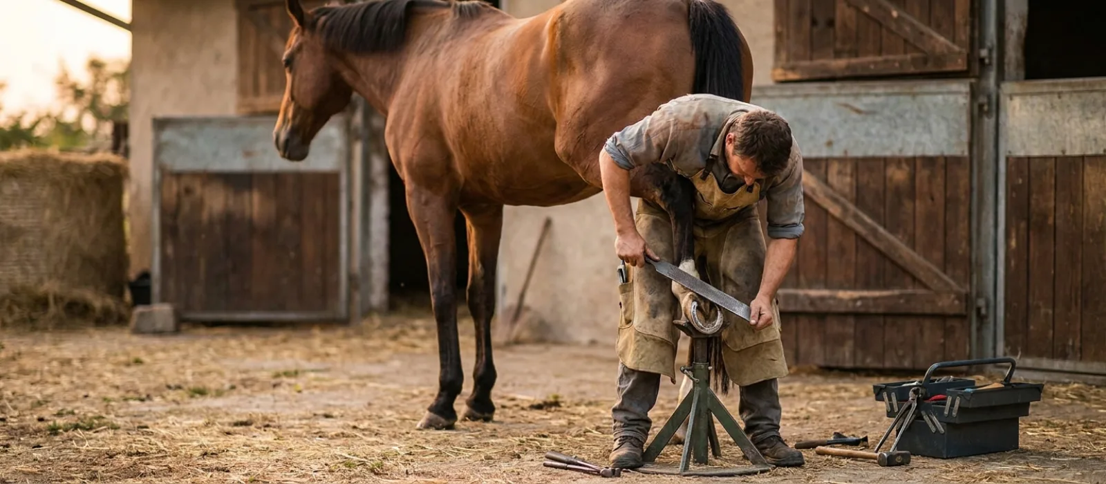 A farrier trimming a horse's hoof