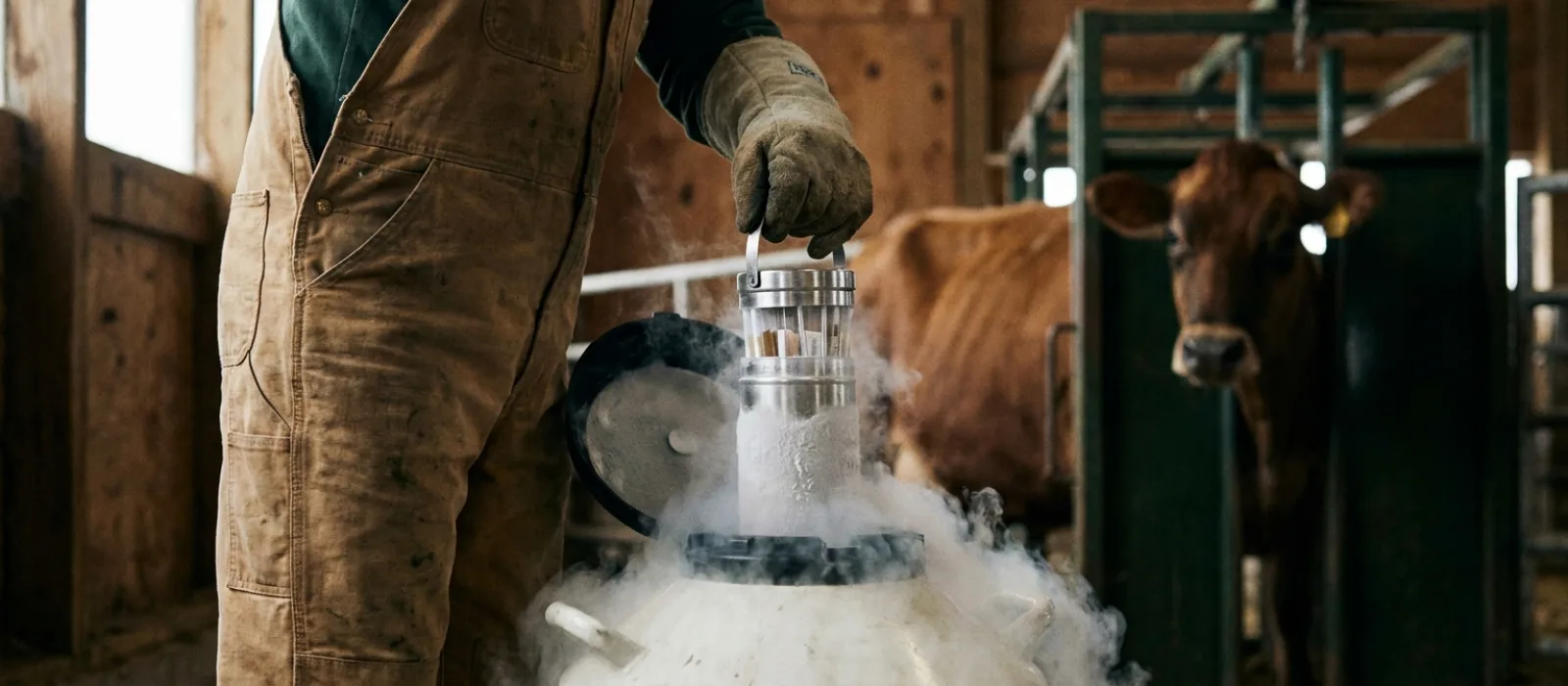 A technician lifting semen straws from a liquid nitrogen tank