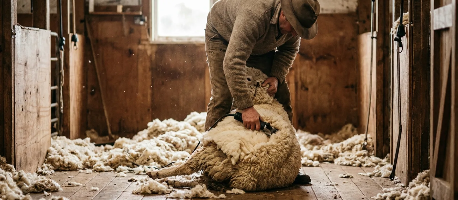 A shearer removing a sheep's fleece
