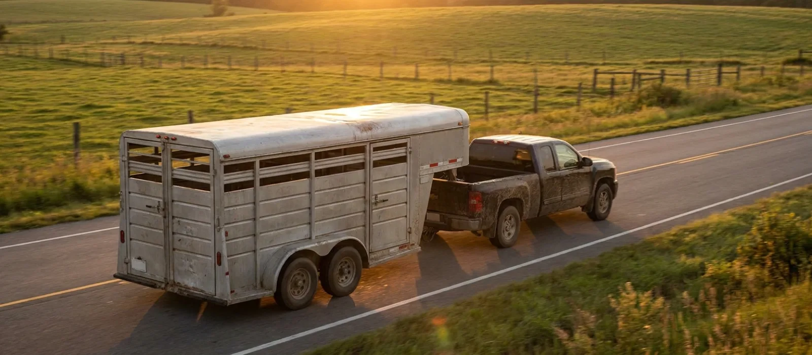A livestock trailer traveling on a rural highway