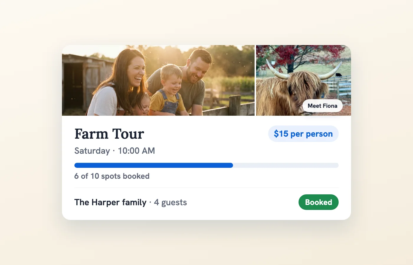 A farm tour listing in Creatures featuring a Highland cow, per-person pricing, booked spots, and a confirmed family booking