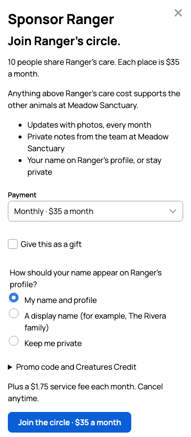 Sponsor Ranger in Creatures: a $35 monthly circle place, payment and recognition choices, and checkout