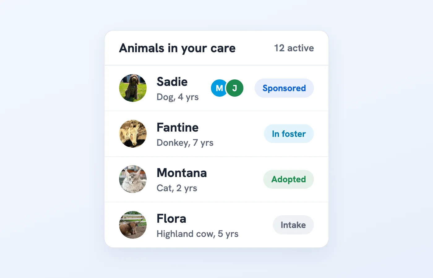 A sanctuary's animal list in Creatures with real animal photos and sponsorship, foster, adoption, and intake statuses